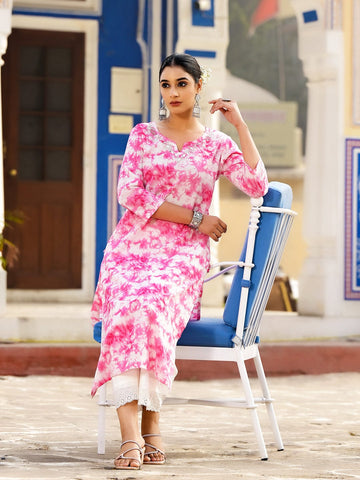 Varanga Women Pink Shibori Straight  Kurta With Embroidered Neckline